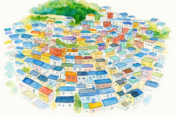 JPG 예술 컬러 일러스트 자연 주택 풍경 건물 평화 마을 시골 편안함 배열 코스모스 그림 조화 부산 창의력 감천문화마을 국내일러스트 AI일러스트 AI콘텐츠 건축물 꽃 컨셉 한국 감각 생태계 파일형식