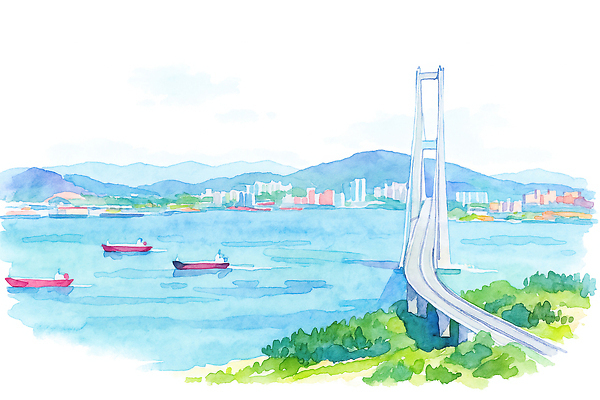 JPG 바다 여행 일러스트 자연 하늘 풍경 파란색 햇빛 평화 수영 일몰 도시 언덕 조화 가교 선박 수평선 국내일러스트 AI일러스트 AI콘텐츠 건축물 컬러 컨셉 수상교통 태양 노을 수상스포츠 생태계 파일형식