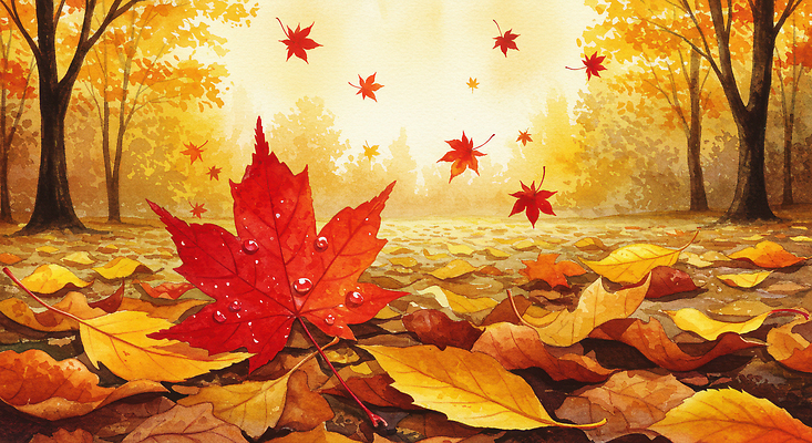 JPG 나무 계절 단풍 낙엽 잎 일러스트 자연 생명 풍경 잔디 정원 고요 산책 가을 물방울 나뭇가지 뷰티풀 색채 국내일러스트 AI일러스트 AI콘텐츠 식물 휴식 생태계 파일형식