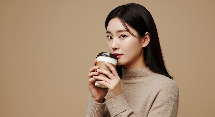 JPG 편집이미지 여자 커피 표정 미소 일상 컵 분위기 편안함 집중 베이지색 주목 의료성형뷰티 스타일 편집실사 AI인물포토 AI콘텐츠 식기 음료 컬러 컨셉 사람 라이프 감각 CG 파일형식 AI포토