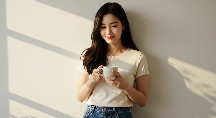 JPG 편집이미지 옷 여자 행복 여유 커피 음료 미소 일상 생활 햇빛 방 편안함 뷰티풀 순간 의료성형뷰티 편집실사 AI인물포토 AI콘텐츠 감정 표정 사람 라이프 태양 감각 CG 파일형식 AI포토