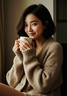 JPG 편집이미지 여자 감정 얼굴 커피 음료 포즈 실내 따뜻함 미소 매력적 분위기 편안함 스웨터 의료성형뷰티 스타일 안락 편집실사 AI인물포토 AI콘텐츠 컨셉 상의 표정 사람 내부 신체부위 감각 CG 파일형식 AI포토