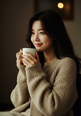 JPG 편집이미지 여자 감정 여유 커피 조명 따뜻함 사랑 미소 공간 카페 뷰티풀 의료성형뷰티 스타일 편집실사 AI인물포토 AI콘텐츠 음료 표정 사람 상점 CG 파일형식 AI포토