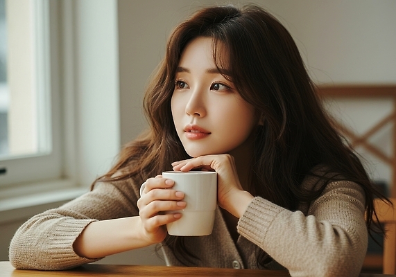 JPG 편집이미지 여자 감정 얼굴 커피 음료 생각 창문 일상 카페 분위기 편안함 사색 의료성형뷰티 편집실사 AI인물포토 AI콘텐츠 컨셉 사람 라이프 신체부위 상점 감각 CG 파일형식 AI포토