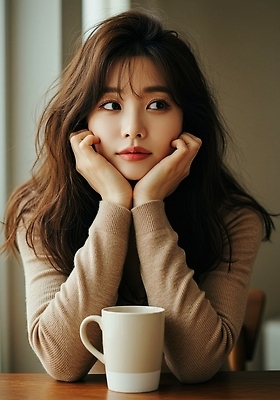 JPG 편집이미지 손 여자 여유 커피 생각 따뜻함 표정 미소 컵 카페 시간 분위기 편안함 창가 의료성형뷰티 편집실사 AI인물포토 AI콘텐츠 식기 감정 음료 컨셉 창문 사람 신체부위 상점 감각 CG 파일형식 AI포토