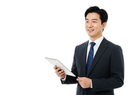 JPG 편집이미지 남자 비즈니스 기술 밝음 미소 정장 상반신 태블릿 정보 업무 모던 의료성형뷰티 세련 편집실사 AI인물포토 AI콘텐츠 옷 표정 사람 전자제품 스마트기기 작업 CG 파일형식 AI포토