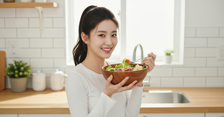 JPG 편집이미지 여자 음식 채소 식탁 요리 웃음 생활 주방 식사 샐러드 건강식 나무그릇 의료성형뷰티 편집실사 AI인물포토 AI콘텐츠 그릇 탁자 표정 사람 목재 CG 파일형식 AI포토