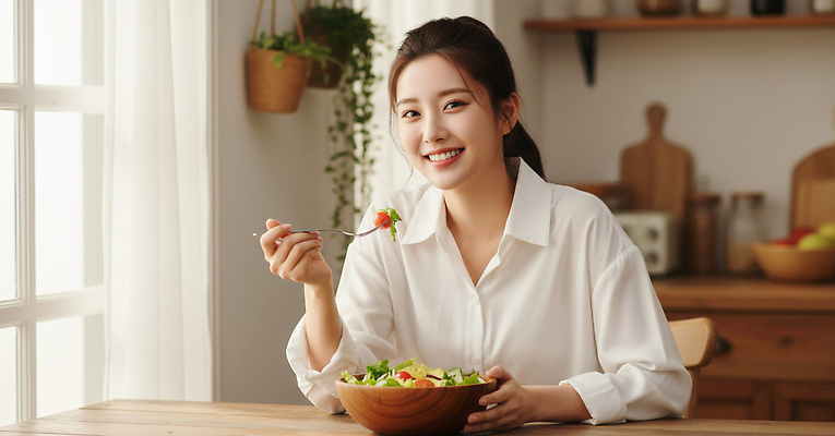 JPG 편집이미지 여자 행복 요리 미소 일상 주방 식사 샐러드 건강식 나무탁자 뷰티풀 의료성형뷰티 편집실사 AI인물포토 AI콘텐츠 감정 음식 탁자 표정 사람 라이프 CG 파일형식 AI포토