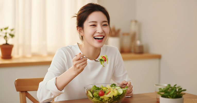 JPG 편집이미지 여자 행복 여유 채소 가족 식탁 집안 요리 웃음 주방 식사 샐러드 점심 건강식 의료성형뷰티 편집실사 AI인물포토 AI콘텐츠 감정 음식 관계 탁자 실내 표정 사람 CG 파일형식 AI포토
