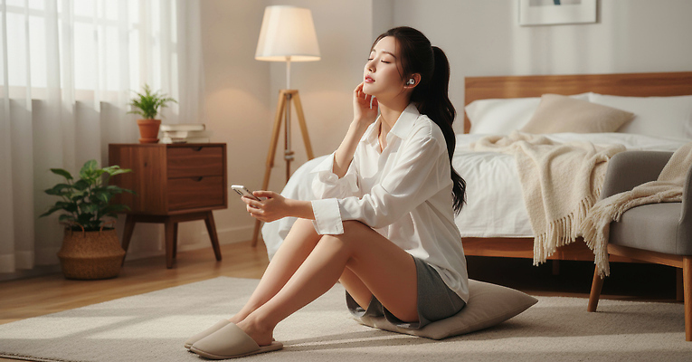 JPG 편집이미지 여자 여유 음악 거실 아침 휴식 주택 스마트폰 소파 듣기 분위기 편안함 의료성형뷰티 편집실사 AI인물포토 AI콘텐츠 주간 감정 컨셉 의자 모션 문화예술 사람 건물 핸드폰 스마트기기 감각 CG 파일형식 AI포토