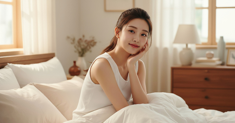 JPG 식물 편집이미지 여자 여유 쿠션 아침 주택 미소 인테리어 햇빛 갈색 침실 흰색 침대 편안함 치유 의료성형뷰티 편집실사 AI인물포토 AI콘텐츠 주간 디자인 감정 컬러 가구 표정 사람 건물 태양 감각 CG 파일형식 AI포토