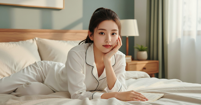 JPG 편집이미지 여자 휴식 책 인테리어 독서 방 잠옷 침대 분위기 편안함 청록색 의료성형뷰티 편집실사 AI인물포토 AI콘텐츠 디자인 옷 컬러 가구 컨셉 사람 감각 CG 파일형식 AI포토