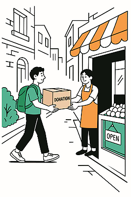 문화 일러스트 모션 친절 거리 따뜻함 풍경 여러명 청년 일상 상자 상점 도시 봉사 도움 직원 전달 기부 지역사회 국내일러스트 AI파일 다수 컨셉 사람 성인 라이프 파일형식 벡터
