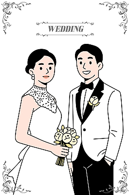 커플 드레스 꽃다발 신랑 일러스트 결혼식 사랑 미소 사람 턱시도 이벤트 파티 기쁨 로맨틱 축하 뷰티풀 스타일 국내일러스트 AI파일 옷 꽃 감정 결혼 컨셉 관계 표정 정장 파일형식 벡터