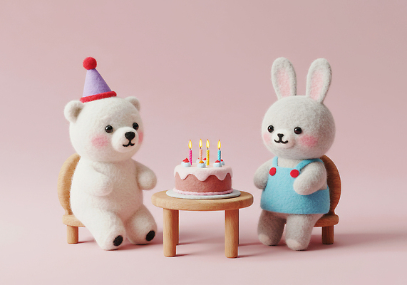 JPG 동물 편집이미지 기념일 인형 분홍색 촛불 곰 친구 파티 귀여움 케이크 축하 토끼 생일파티 생일 편안함 오브젝트 이미지편집 양모펠트 AI컴퓨터그래픽 AI콘텐츠 컬러 컨셉 초 포유류 관계 디저트 이벤트 반려동물 감각 양모 펠트 파일형식