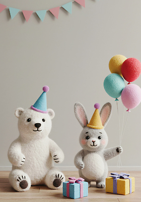 JPG 편집이미지 인형 컬러 곰 선물 장식 친구 반려동물 인테리어 장난감 파티 축제 축하 토끼 생일파티 생일 풍선 이미지편집 양모펠트 AI컴퓨터그래픽 AI콘텐츠 동물 디자인 기념일 컨셉 포유류 관계 이벤트 양모 펠트 파일형식