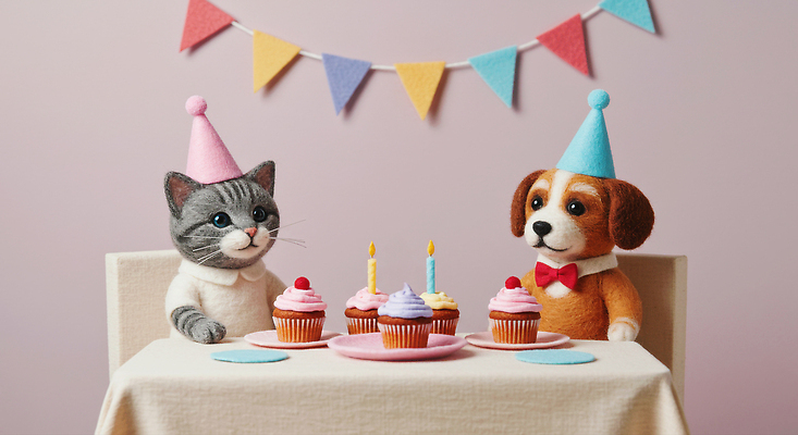 JPG 동물 편집이미지 모자 기념일 탁자 장식 친구 파티 귀여움 고양이 축하 생일파티 생일 강아지 컵케이크 즐거움 이미지편집 양모펠트 AI컴퓨터그래픽 AI콘텐츠 잡화 감정 가구 컨셉 포유류 관계 이벤트 반려동물 케이크 개 양모 펠트 파일형식