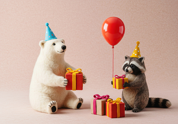 JPG 동물 편집이미지 캐릭터 모자 행복 컬러 곰 선물 장식 친구 파티 축하 생일파티 생일 즐거움 풍선 너구리 이미지편집 양모펠트 AI컴퓨터그래픽 AI콘텐츠 잡화 기념일 감정 컨셉 포유류 관계 이벤트 양모 펠트 파일형식