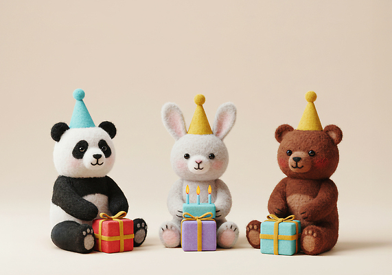 JPG 동물 편집이미지 모자 촛불 곰 선물 장식 세트 파티 귀여움 축하 토끼 생일파티 생일 판다 아기자기 이미지편집 양모펠트 AI컴퓨터그래픽 AI콘텐츠 잡화 기념일 컨셉 초 포유류 이벤트 반려동물 양모 펠트 파일형식