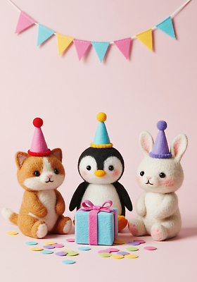 JPG 동물 편집이미지 캐릭터 모자 인형 선물 장식 파티 귀여움 고양이 축하 토끼 생일파티 생일 펭귄 이미지편집 양모펠트 AI컴퓨터그래픽 AI콘텐츠 잡화 기념일 컨셉 포유류 조류 이벤트 반려동물 양모 펠트 파일형식