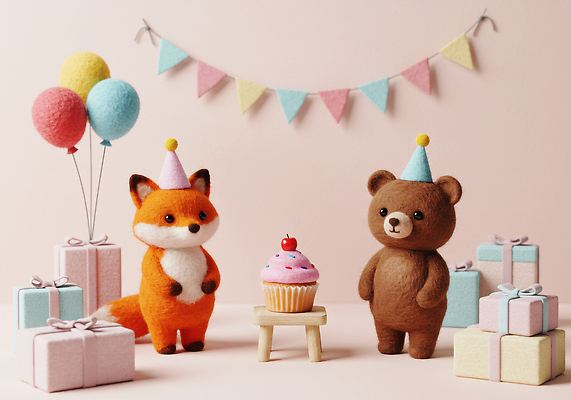JPG 편집이미지 모자 인형 컬러 백그라운드 곰 선물 장식 파티 케이크 축하 생일파티 생일 여우 풍선 이미지편집 양모펠트 AI컴퓨터그래픽 AI콘텐츠 동물 잡화 기념일 컨셉 포유류 디저트 이벤트 양모 펠트 파일형식