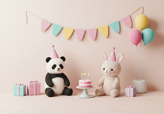 JPG 편집이미지 어린이 선물 이벤트 장식 친구 장난감 귀여움 케이크 곰인형 축하 생일파티 풍선 토끼인형 이미지편집 양모펠트 AI컴퓨터그래픽 AI콘텐츠 인형 컨셉 관계 디저트 사람 토끼 생일 양모 펠트 파일형식