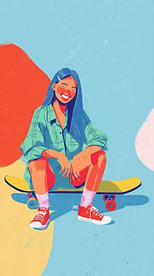 JPG 전통 문화 여유 컬러 백그라운드 운동화 일러스트 모션 휴식 미소 웃음 소녀 야외 그래픽 청춘 운동 자유 스케이트보드 즐거움 창의성 국내일러스트 AI일러스트 AI콘텐츠 여자 감정 어린이 신발 컨셉 표정 건강 보드_스포츠 파일형식