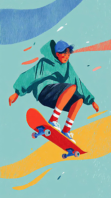JPG 예술 컬러 일러스트 청소년 소년 10대 여름 운동 점프 자유 도시 스케이트보드 서핑 추억 활기 액션 환기구 스타일 국내일러스트 AI일러스트 AI콘텐츠 계절 남자 어린이 컨셉 모션 건강 사람 수상스포츠 보드_스포츠 환풍기 파일형식