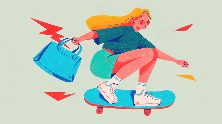 JPG 캐릭터 패션 가방 일러스트 모션 소녀 취미 파란색 청춘 운동 자유 도시 스케이트보드 균형 오브젝트 속도 그림 색감 창의성 국내일러스트 AI일러스트 AI콘텐츠 잡화 여자 어린이 컬러 컨셉 건강 보드_스포츠 파일형식