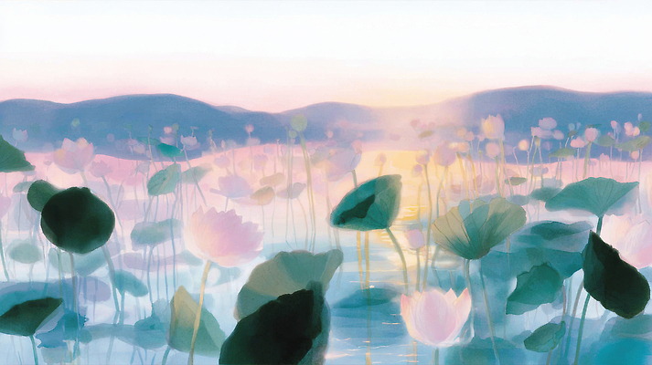 JPG 식물 꽃잎 일러스트 자연 하늘 연꽃 풍경 초록색 물 여름 반사 평화 노을 일몰 보름달 물가 수면 저녁 뷰티풀 수수꽃다리 차분 국내일러스트 AI일러스트 AI콘텐츠 자연요소 계절 꽃 컬러 컨셉 달 야간 생태계 파일형식