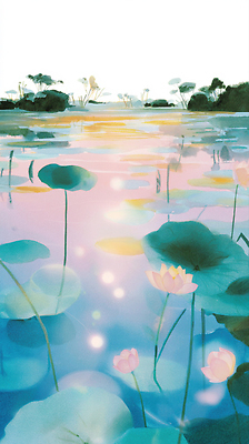 JPG 식물 동물 꽃 일러스트 자연 하늘 풍경 초록색 물 여름 햇빛 반사 평화 일출 일몰 연못 수면 연습 뷰티풀 국내일러스트 AI일러스트 AI콘텐츠 자연요소 계절 컬러 컨셉 태양 노을 생태계 파일형식