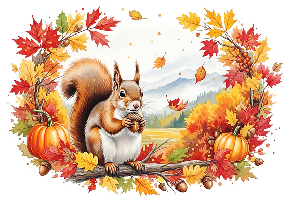 JPG 나무 동물 계절 열매 컬러 곤충 백그라운드 일러스트 포유류 자연 호박 나뭇잎 산 풍경 가을 생태 숲 그림 다람쥐 도토리 국내일러스트 AI일러스트 AI콘텐츠 식물 잎 채소 견과류 설치류 생태계 파일형식