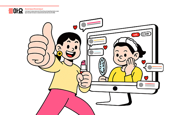여자 일러스트 사랑 화장 뷰티 스크린 매력적 거울 방송 이미지 댓글 의견 소통 라이브 국내일러스트 AI파일 감정 컨셉 사람 파일형식 벡터