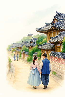 JPG 전통 문화 여행 일러스트 자연 거리 한국 풍경 건물 걷기 손잡기 우정 산책 역사 한복 즐거움 뷰티풀 고택 국내일러스트 AI일러스트 AI콘텐츠 한국전통 건축물 감정 아시아 모션 휴식 친구 전통의상 생태계 파일형식
