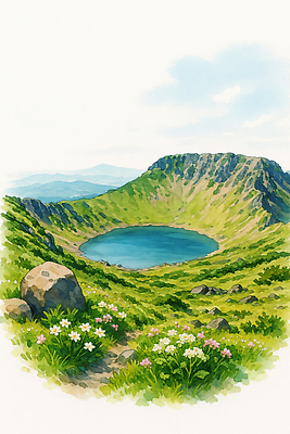 JPG 호수 여행 일러스트 자연 산 풍경 야외 초록색 여름 제주도 환경 산책로 하이킹 들꽃 생태 분화구 한라산 국내일러스트 AI일러스트 AI콘텐츠 계절 꽃 길 컬러 레저 한국 생태계 화산 파일형식