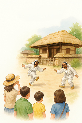 JPG 전통 행복 문화 어린이 일러스트 모션 자연 주택 대화 웃음 여러명 야외 여름 공연 만남 농촌 춤 체험 군중 전통의상 즐거움 국내일러스트 AI일러스트 AI콘텐츠 계절 감정 다수 컨셉 문화예술 표정 말하기 사람 이벤트 건물 시골 생태계 파일형식