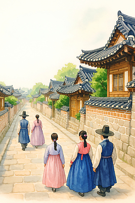 JPG 전통 건축 문화 여행 일러스트 자연 한옥 한국 풍경 여러명 여름 걷기 마을 골목길 한복 소통 뷰티풀 오후 탐방 국내일러스트 AI일러스트 AI콘텐츠 한국전통 계절 아시아 길 다수 컨셉 고건축 모션 사람 전통의상 생태계 파일형식