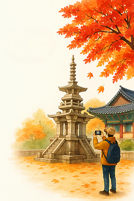 JPG 전통 여행 단풍 낙엽 일러스트 자연 한국 풍경 여행객 탑 사진촬영 촬영 문화재 가을 도시 사찰 석탑 힐링 뷰티풀 국내일러스트 AI일러스트 AI콘텐츠 건축물 계절 아시아 잎 종교건축 사람 생태계 파일형식