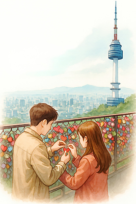 JPG 커플 기념일 여행 데이트 일러스트 하늘 열쇠 서울 자물쇠 사랑 풍경 로맨틱 도시 맹세 전망대 관람 남산타워 국내일러스트 AI일러스트 AI콘텐츠 감정 컨셉 관계 한국 이벤트 결심 남산 파일형식