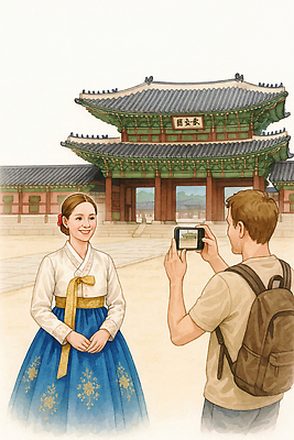 JPG 전통 여자 남자 문화 길 여행 백그라운드 일러스트 한국 미소 장식 정원 사진촬영 전통의상 한복 경복궁 방문 소통 뷰티풀 국내일러스트 AI일러스트 AI콘텐츠 한국전통 아시아 컨셉 표정 사람 촬영 궁전 파일형식