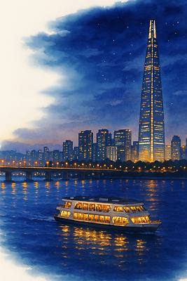 JPG 여행 야경 일러스트 조명 서울 풍경 야외 빛 강 도시 화려 저녁 편안함 유람선 시원함 한강 랜드마크 가교 선박 Skyline 국내일러스트 AI일러스트 AI콘텐츠 건축물 컨셉 수상교통 배_교통 한국 감각 야간 파일형식 풍경_경치