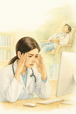 JPG 의자 일러스트 의학 회의 스트레스 건강 병원 치료 컴퓨터 진료 환자 의사 분위기 편안함 집중 고민 검사_조사 상담 긴장 심리 국내일러스트 AI일러스트 AI콘텐츠 감정 가구 컨셉 비즈니스 전자제품 의료진 감각 파일형식