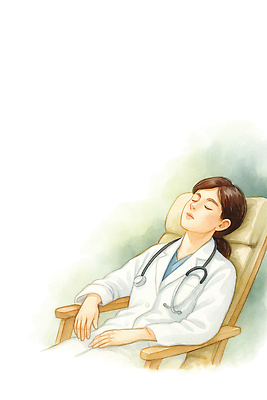 JPG 직업 일러스트 휴식 건강 일상 눈감음 진료 환자 의사 전문직 힐링 압박 긴장 소통 스트레스해소 자기관리 피로회복 국내일러스트 AI일러스트 AI콘텐츠 감정 컨셉 의학 모션 라이프 의료진 회복 파일형식