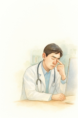 JPG 일러스트 회의 스트레스 건강 병원 피곤 실험 치료 컴퓨터 진료 환자 의사 시간 업무 간호 집중 고민 의무 혼자 국내일러스트 AI일러스트 AI콘텐츠 감정 컨셉 비즈니스 의학 전자제품 의료진 작업 파일형식