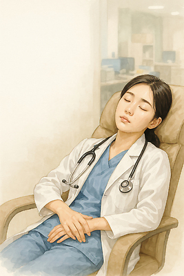 JPG 직업 옷 일러스트 의학 휴가 휴식 병원 피곤 일상 생활 소파 진료 환자 의사 전문직 편안함 집중 긴장 치유 국내일러스트 AI일러스트 AI콘텐츠 감정 컨셉 의자 라이프 의료진 감각 파일형식