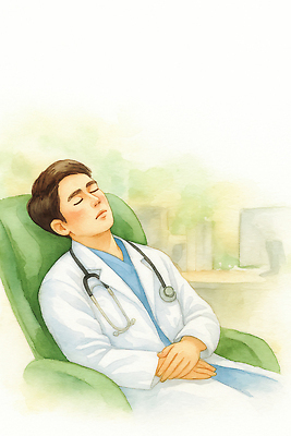 JPG 직업 일러스트 의학 휴식 스트레스 직장 건강 병원 관리 청년 일상 치료 에너지 의사 편안함 소중 집중 치유 회복 국내일러스트 AI일러스트 AI콘텐츠 컨셉 회사 성인 라이프 의료진 감각 파일형식