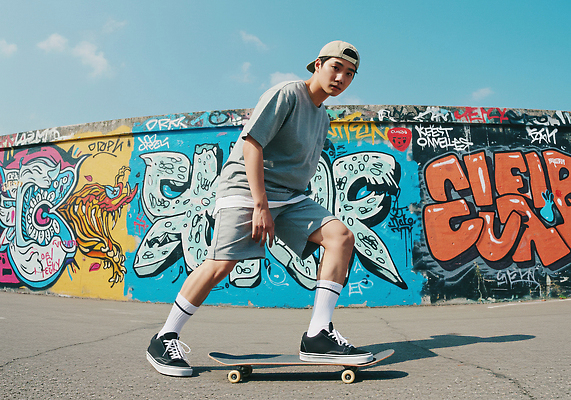 JPG 편집이미지 남자 예술 포즈 신발 청소년 거리 취미 캐주얼 여름 운동 스케이트보드 그래피티 균형 의료성형뷰티 스타일 편집실사 AI인물포토 AI콘텐츠 옷 계절 건강 사람 보드_스포츠 낙서 CG 그림 파일형식 AI포토