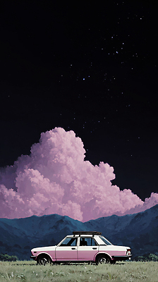 JPG 별 여행 야경 일러스트 자동차 자연 밤하늘 하늘 산 풍경 초원 여름 평화 고요 드라이브 편안함 지평선 감성 국내일러스트 AI일러스트 AI콘텐츠 자연요소 계절 육상교통 컨셉 운전 감각 야간 생태계 파일형식 풍경_경치