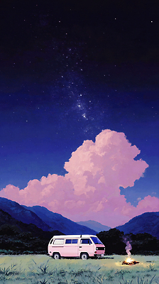 JPG 별 여행 일러스트 자동차 자연 하늘 산 풍경 여름 평화 고요 꿈 캠핑 드라이브 신비 달빛 별빛 뷰티풀 국내일러스트 AI일러스트 AI콘텐츠 자연요소 계절 육상교통 컨셉 레저 빛 운전 달 생태계 파일형식