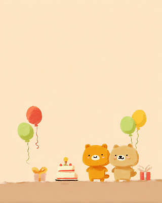 JPG 기념일 행복 감정 어린이 컬러 일러스트 곰 함께함 선물 웃음 장식 친구 파티 케이크 축제 축하 생일 즐거움 풍선 국내일러스트 AI일러스트 AI콘텐츠 동물 컨셉 포유류 관계 디저트 표정 사람 이벤트 파일형식